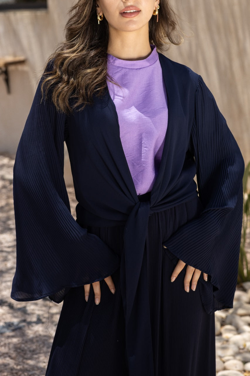 NAVY PLISSE WRAP BLOUSE