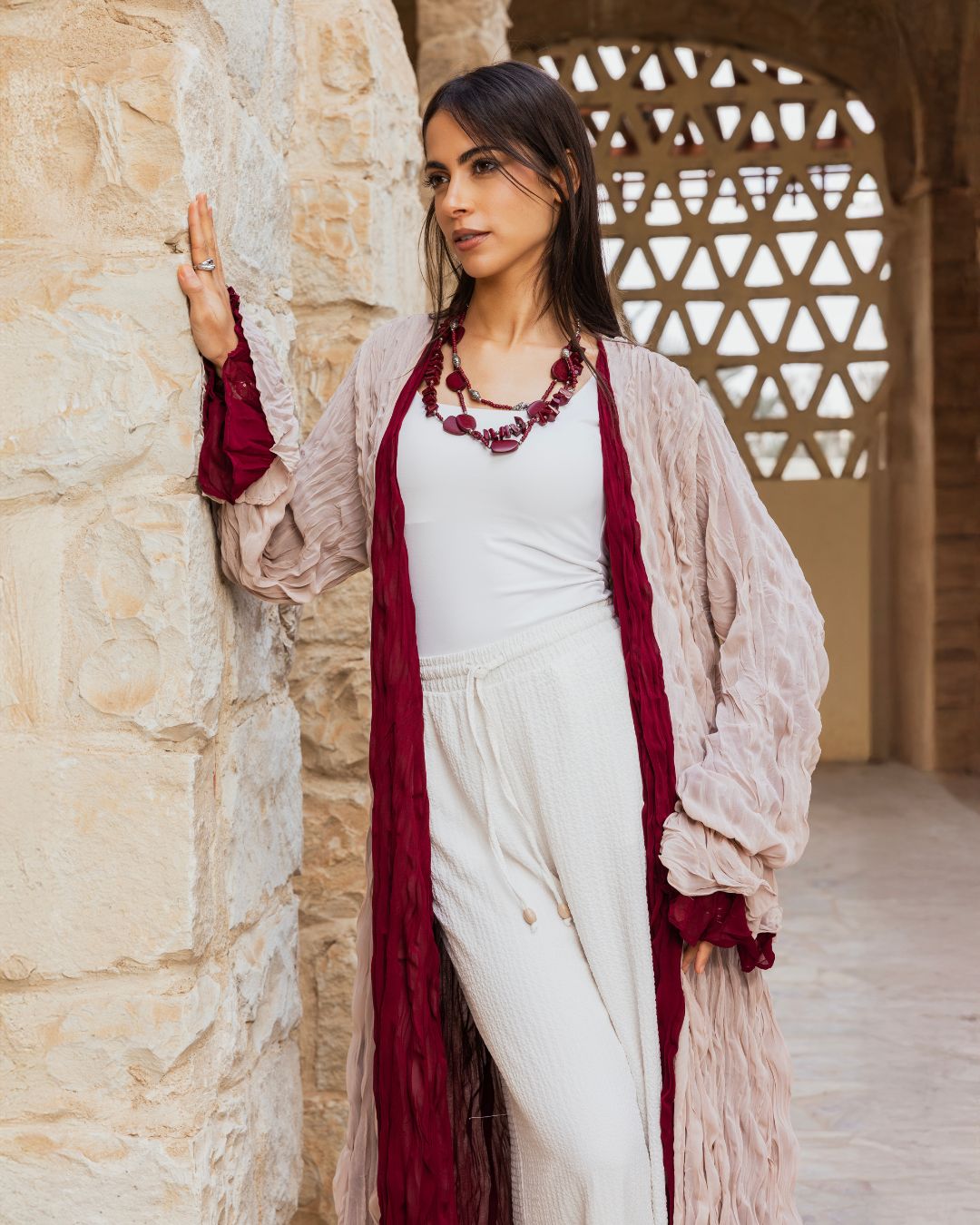 BURGUNDY/BEIGE DOUBLE SIDED KAFTAN