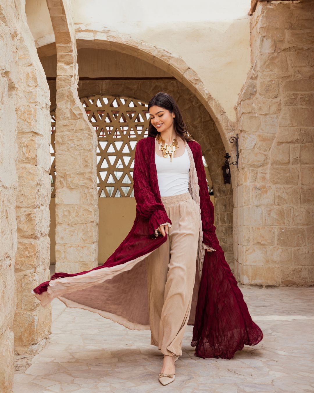 BURGUNDY/BEIGE DOUBLE SIDED KAFTAN