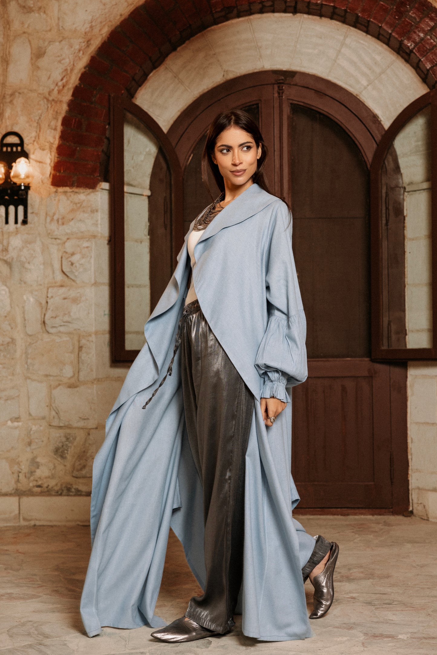 BABY BLUE PUFFY SLEEVE LINEN CARDIGAN