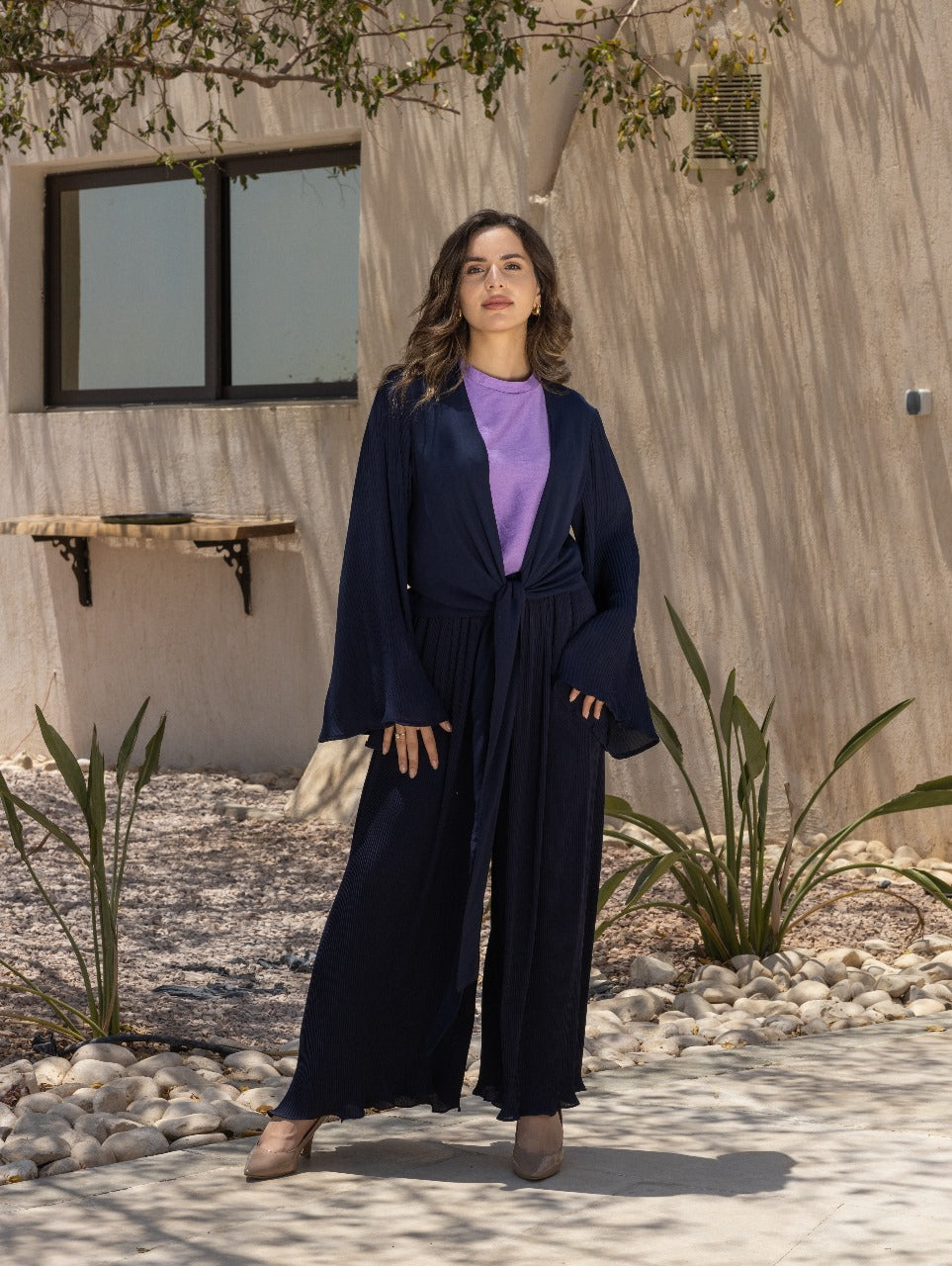 NAVY PLISSE WRAP BLOUSE