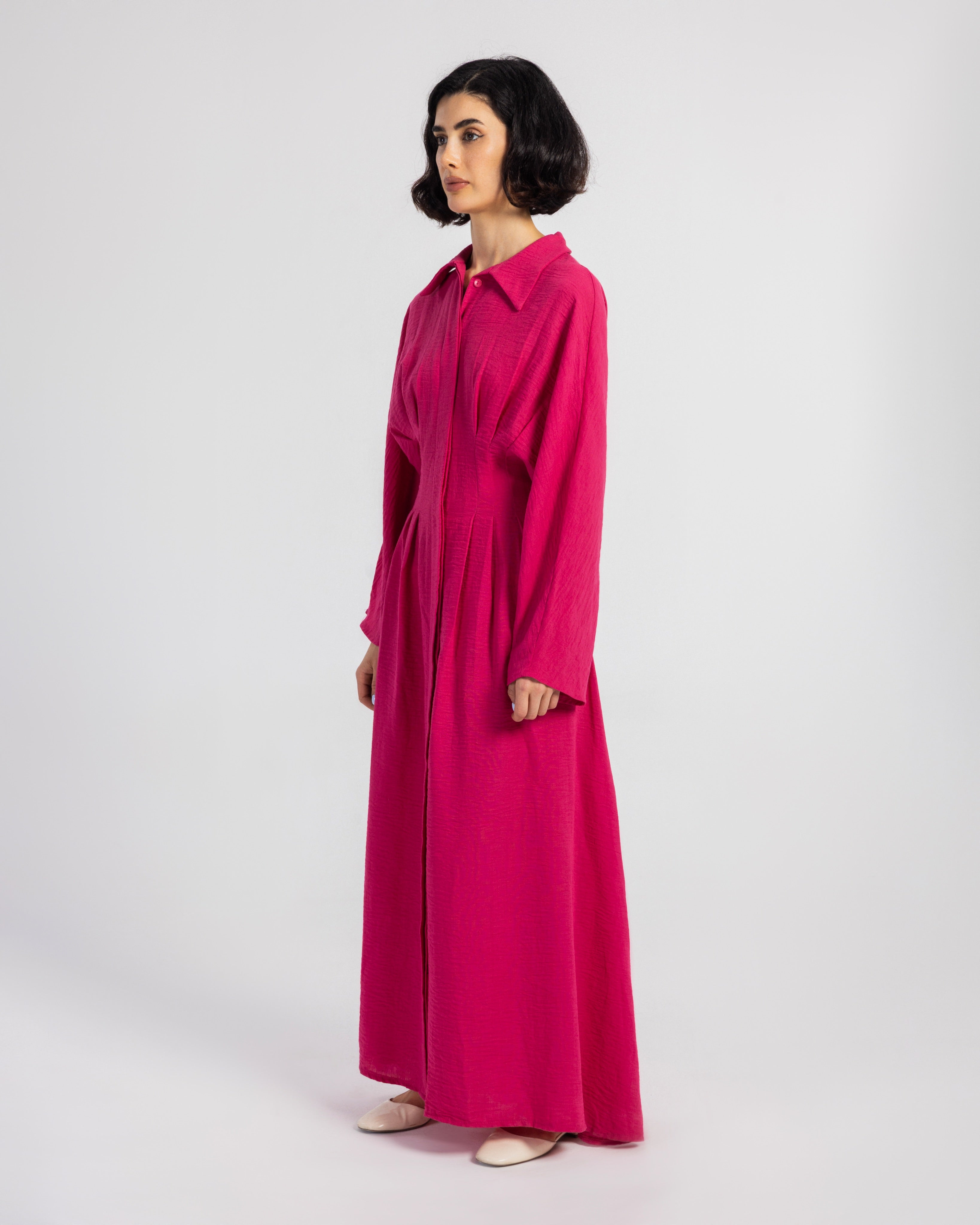 FUCHSIA LINEN DRESS WITH PLEATS