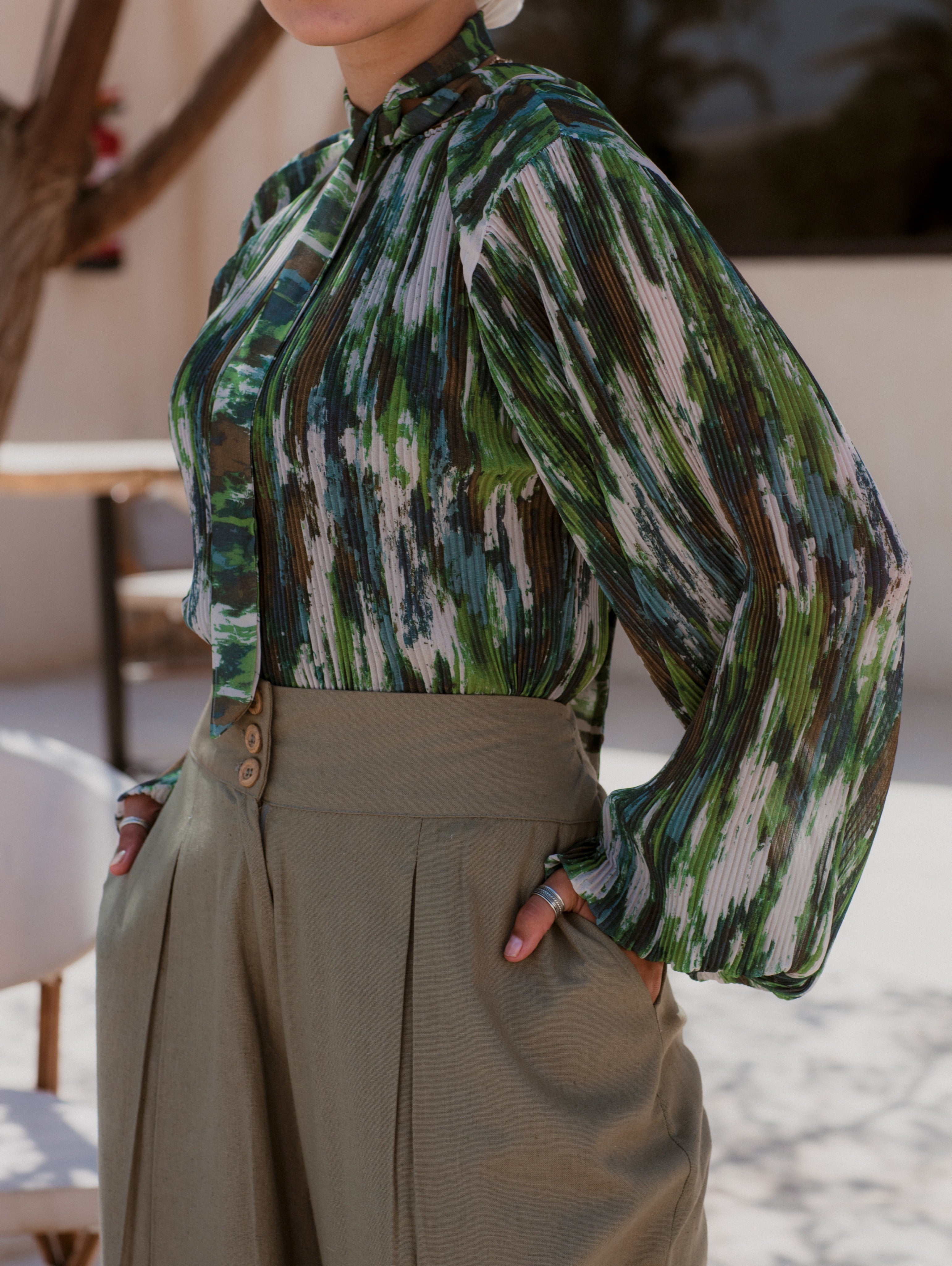 OLIVE LINEN HIGH WAISTED WIDE LEG PANTS