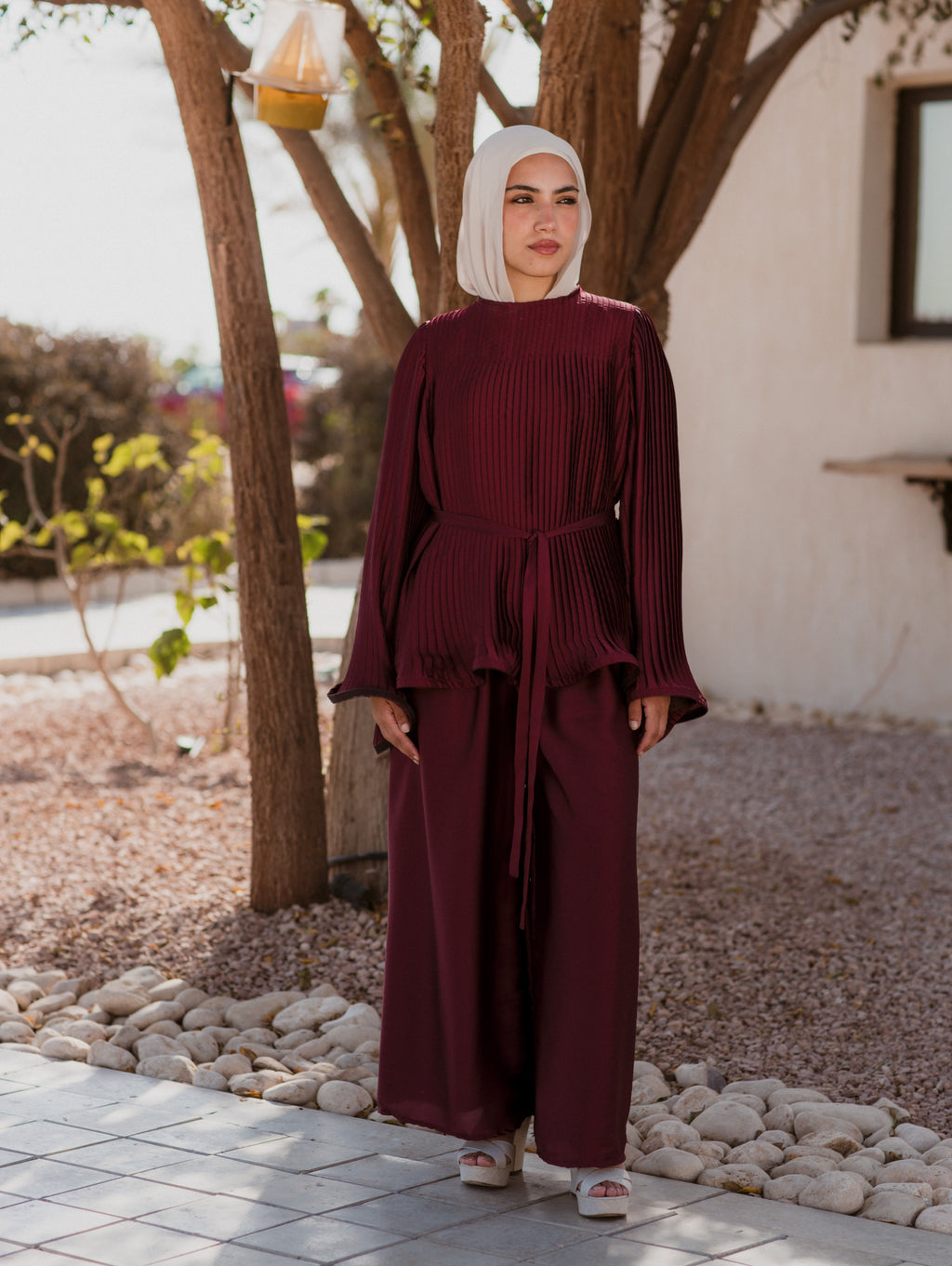 MAROON A-LINE EVENING PLISSE SET