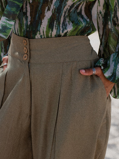 OLIVE LINEN HIGH WAISTED WIDE LEG PANTS