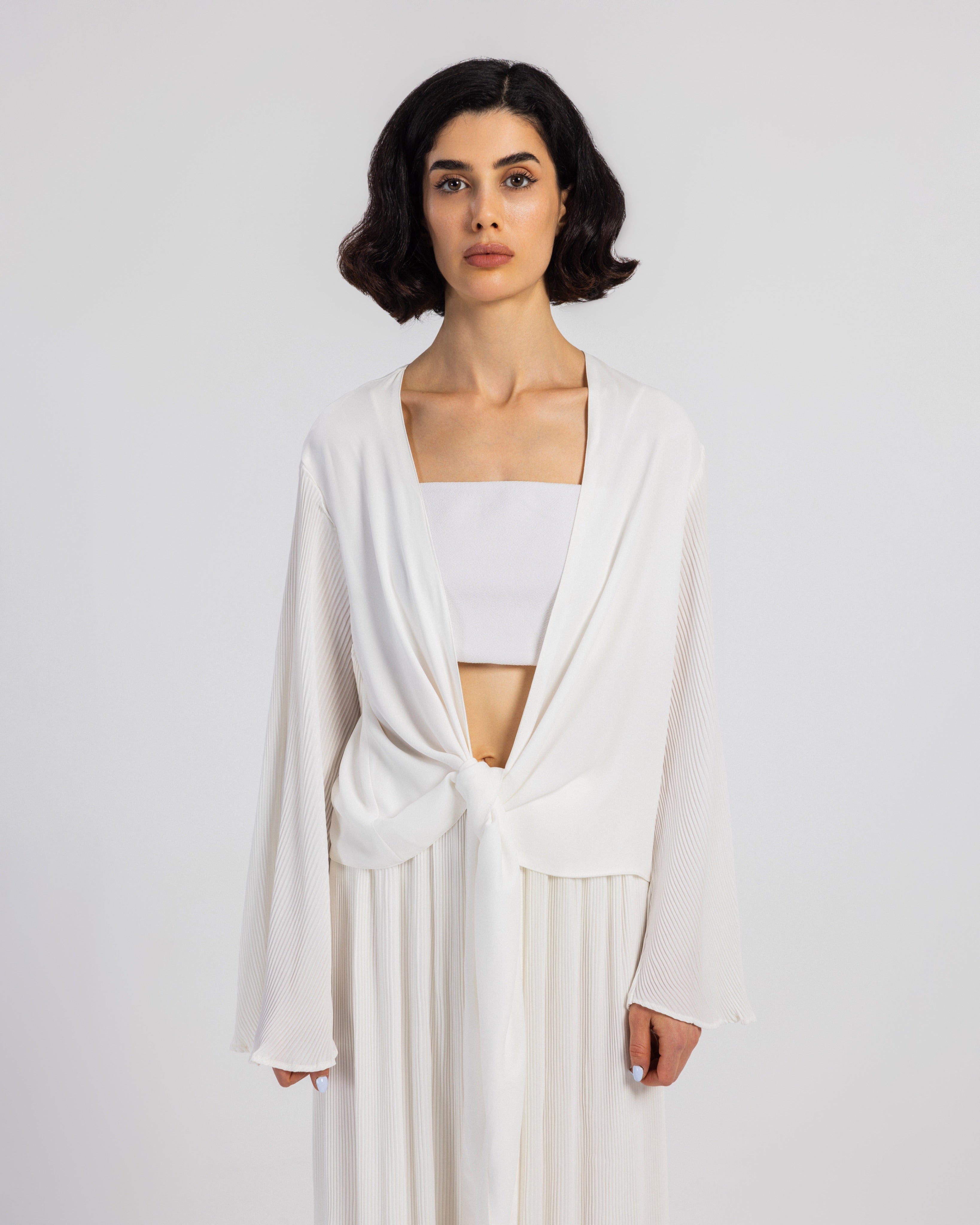 WHITE PLISSE WRAP BLOUSE