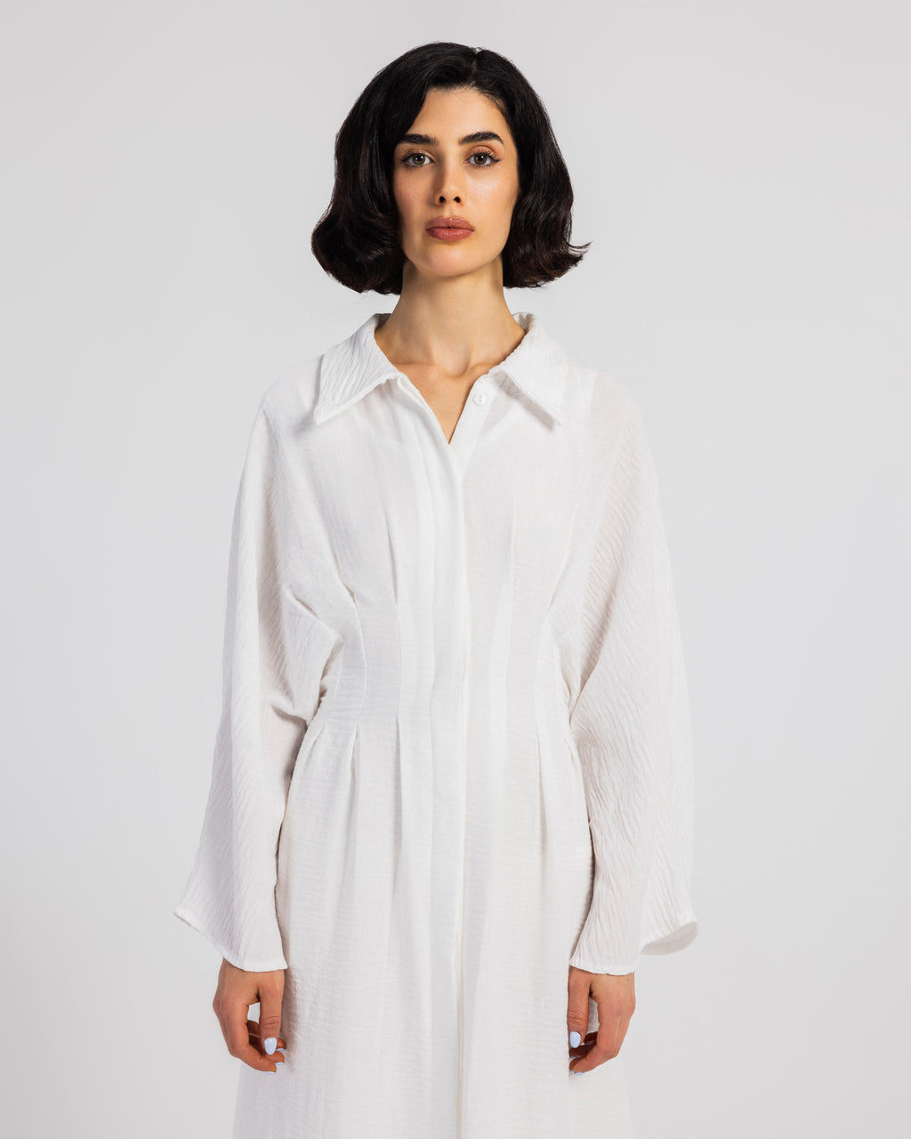 WHITE LINEN DRESS WITH PLEATS