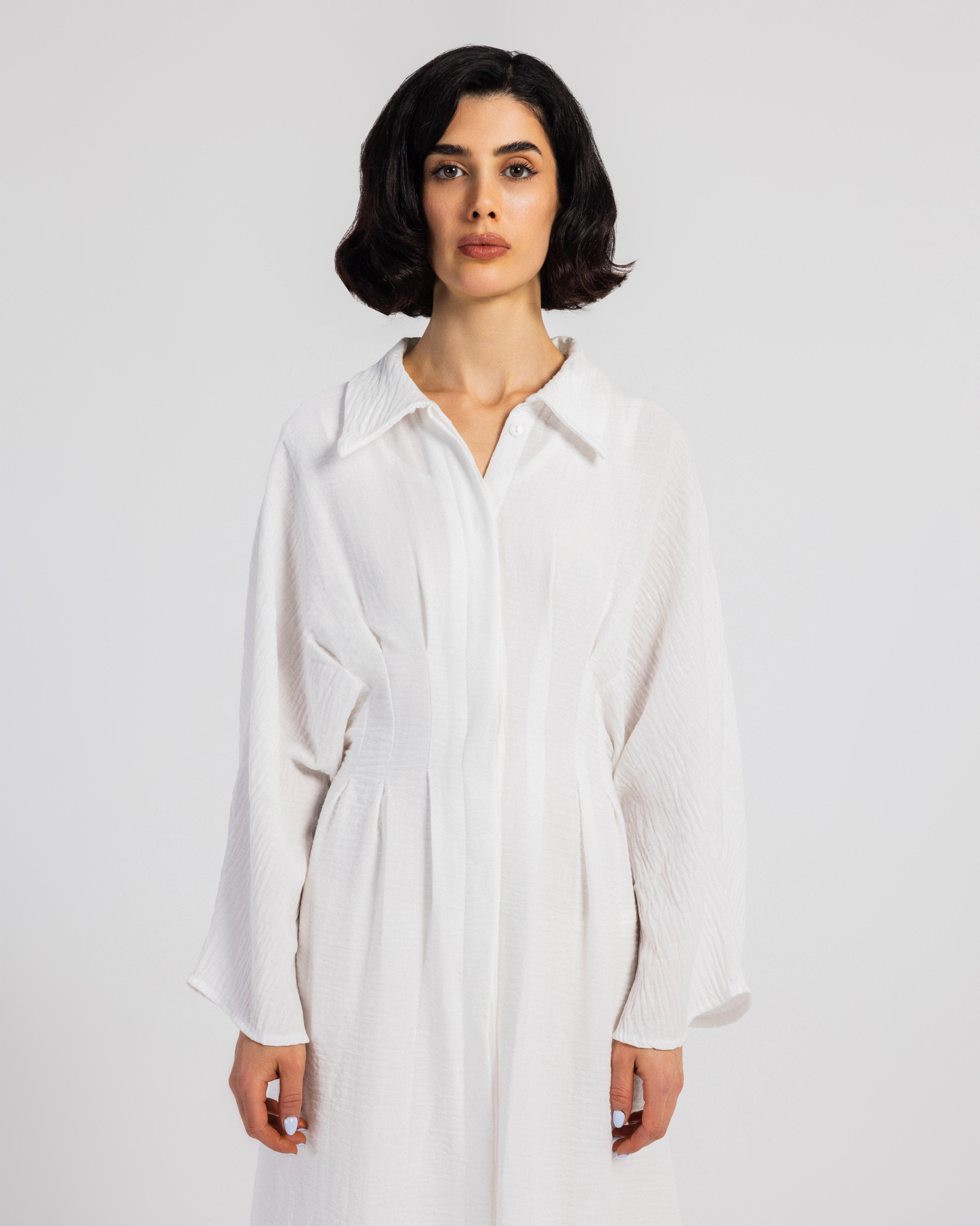 WHITE LINEN DRESS WITH PLEATS