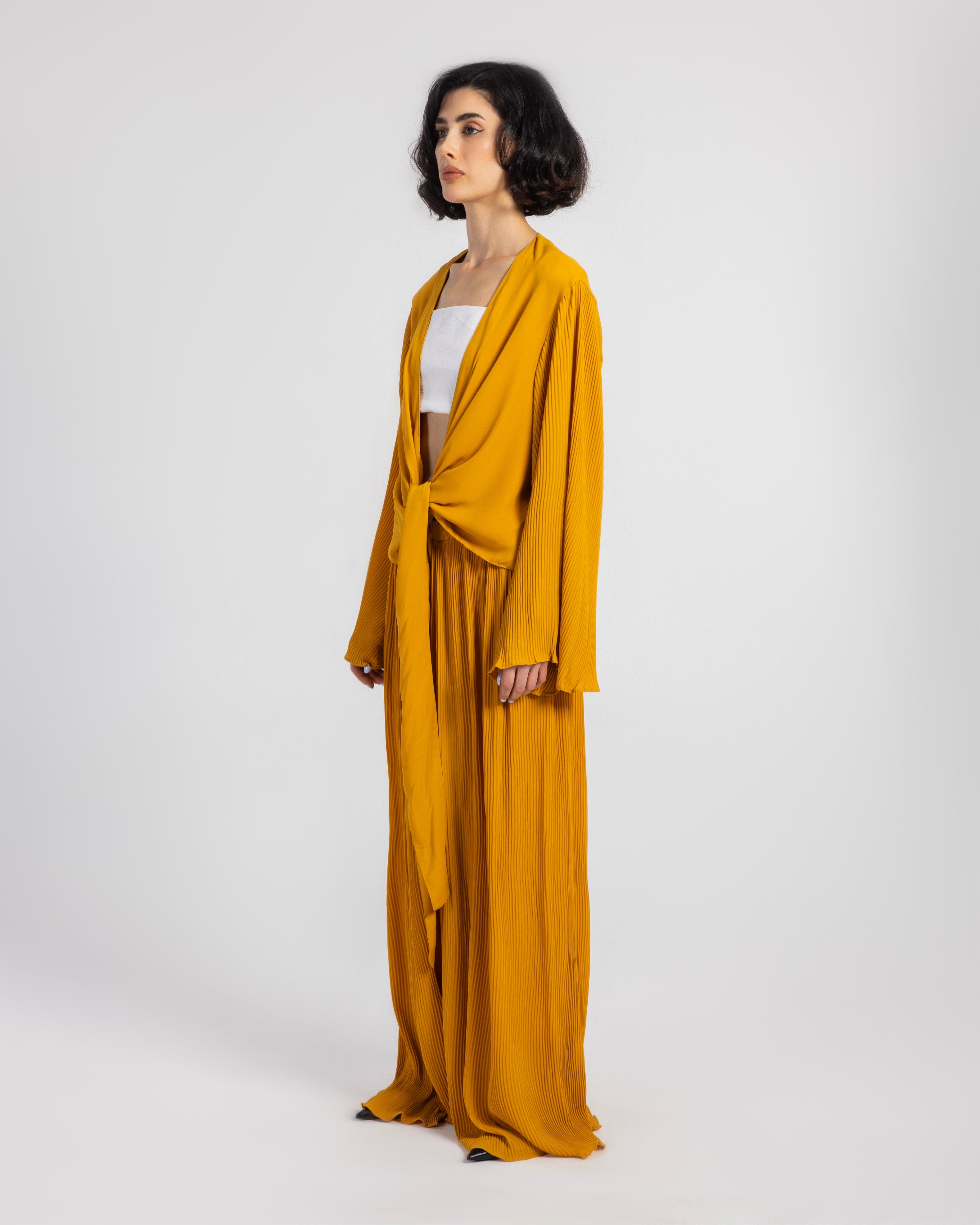 YELLOW PLISSE WRAP BLOUSE