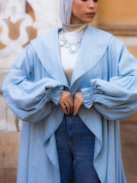 BABY BLUE PUFFY SLEEVE LINEN CARDIGAN