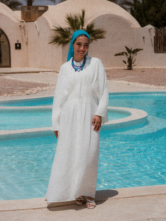 WHITE LINEN DRESS WITH PLEATS