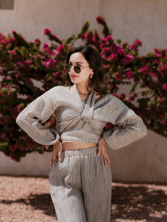 BEIGE PLISSE KORESHA BLOUSE