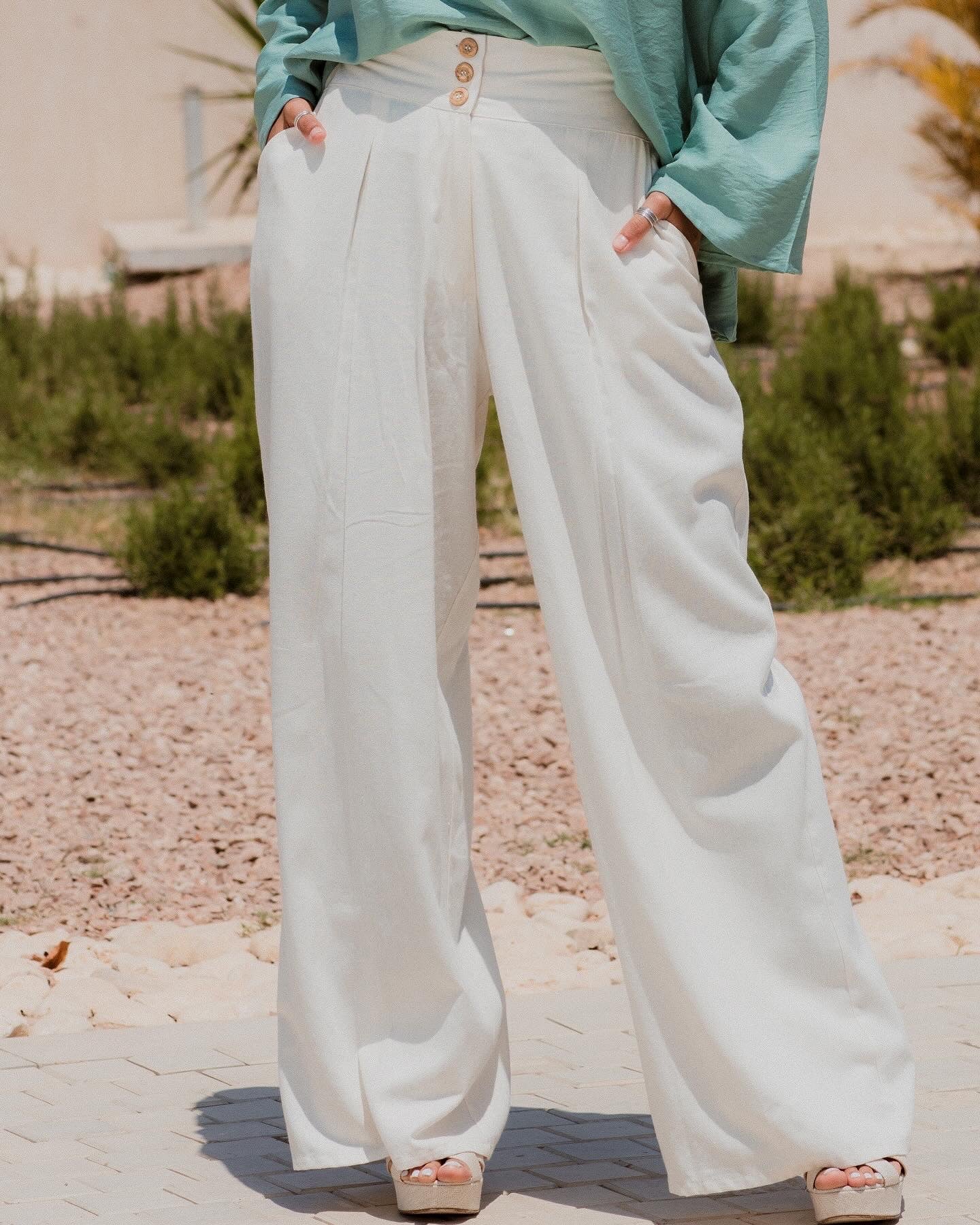 OFF WHITE LINEN HIGH WAISTED WIDE LEG PANTS