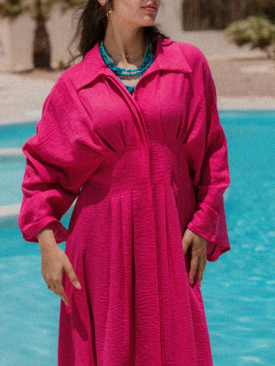 FUCHSIA LINEN DRESS WITH PLEATS