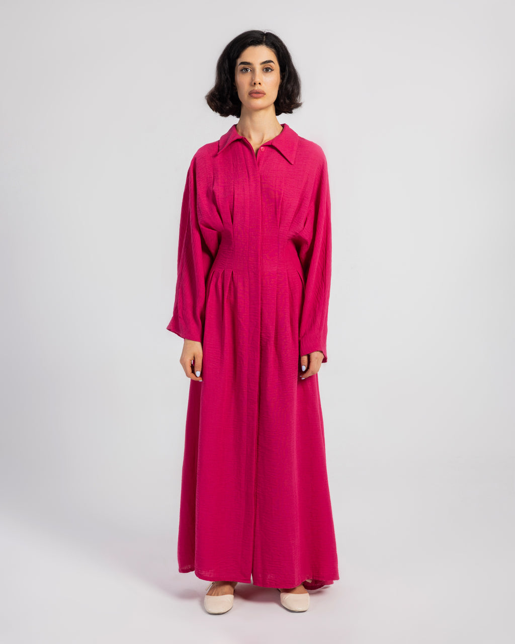 FUCHSIA LINEN DRESS WITH PLEATS