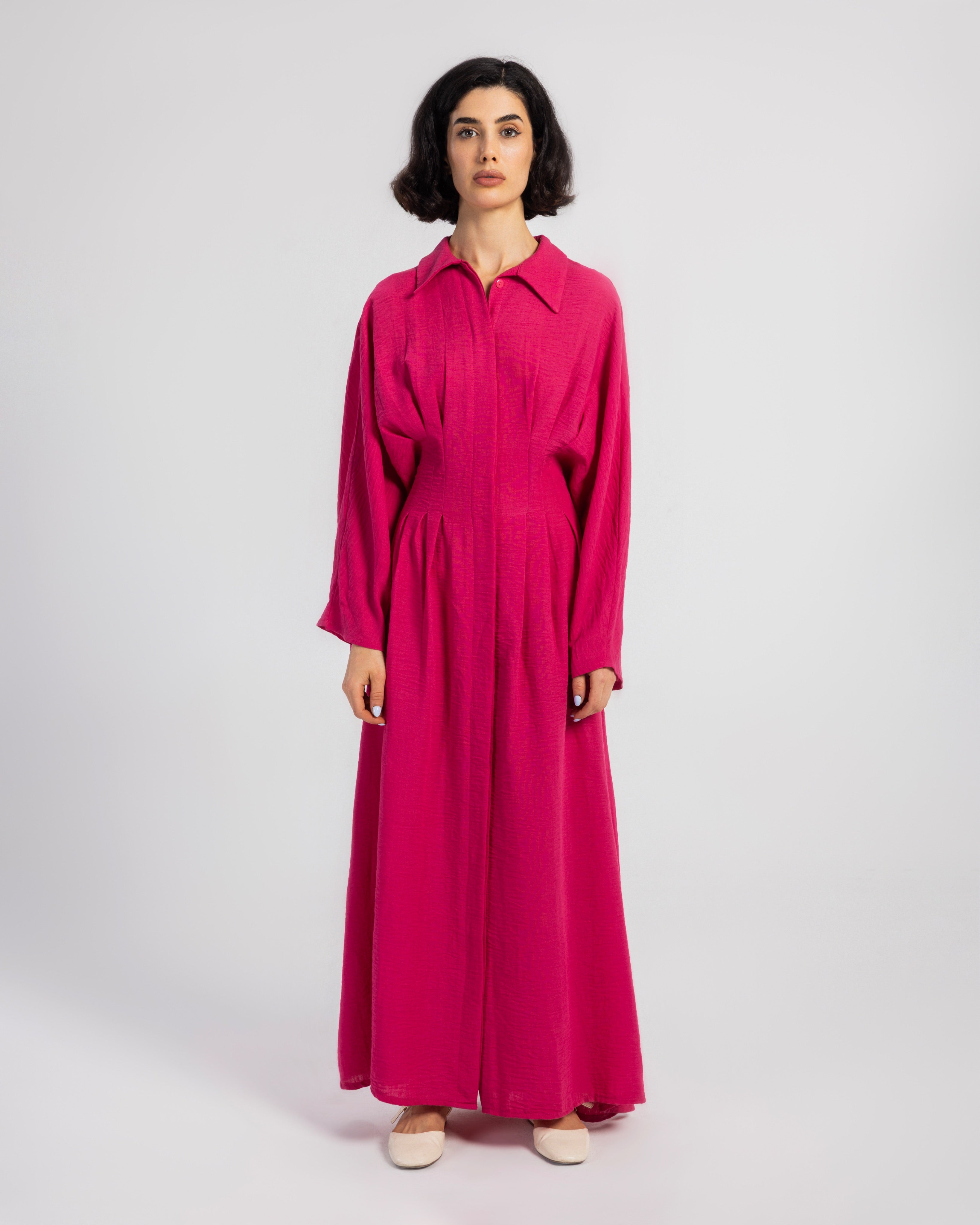 FUCHSIA LINEN DRESS WITH PLEATS