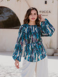 TURQUOISE PRINT PLISSE BLOUSE