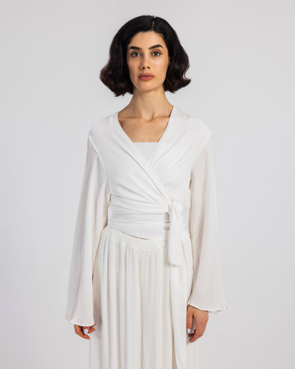 WHITE PLISSE WRAP BLOUSE