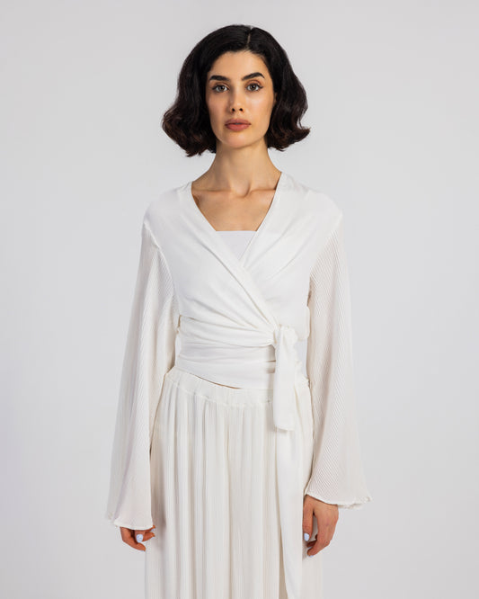 WHITE PLISSE WRAP BLOUSE