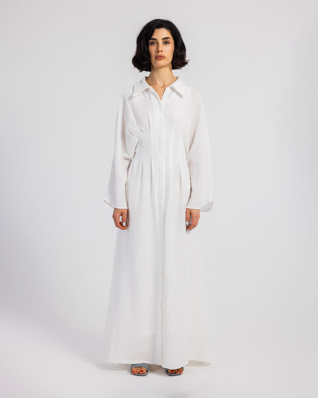 WHITE LINEN DRESS WITH PLEATS
