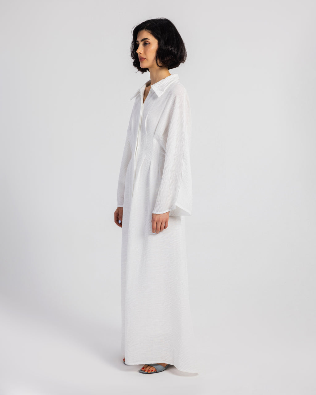 WHITE LINEN DRESS WITH PLEATS