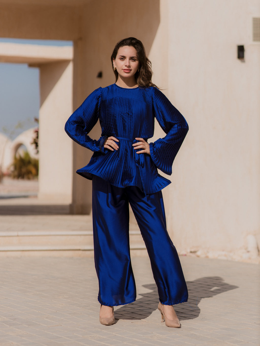 BLUE A-LINE EVENING PLISSE SET