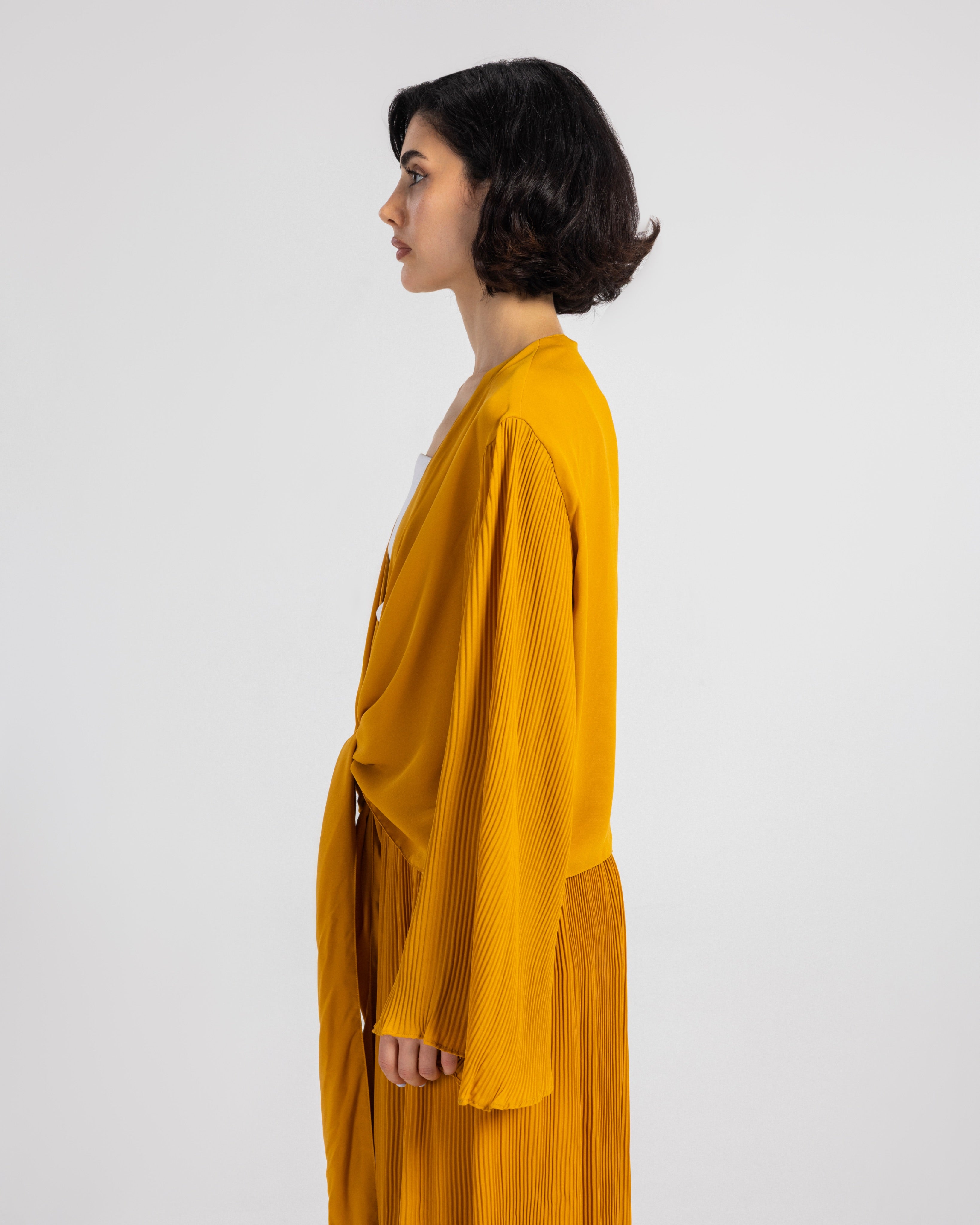 YELLOW PLISSE WRAP BLOUSE