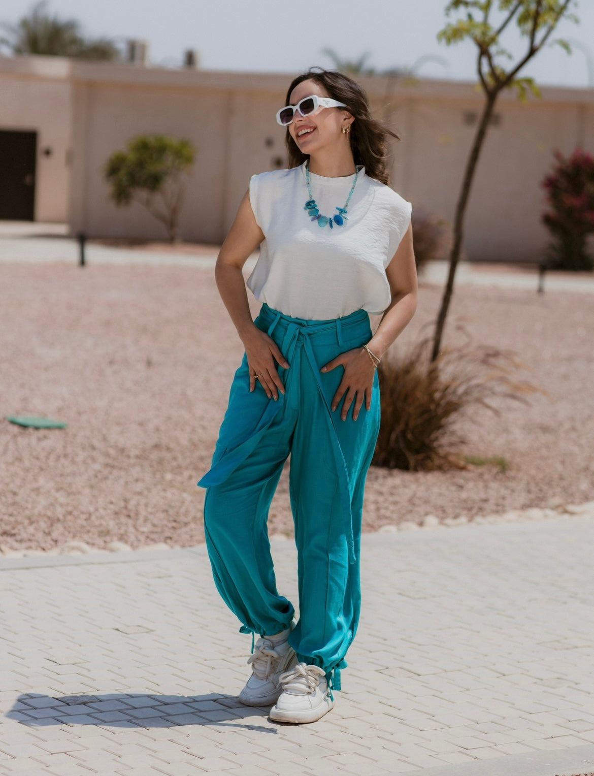 TURQUOISE SOFT LINEN BAGGY PANTS