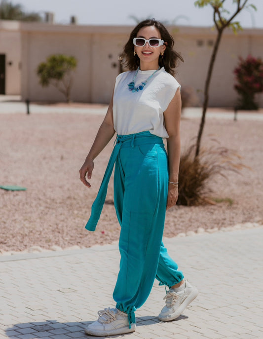 TURQUOISE SOFT LINEN BAGGY PANTS