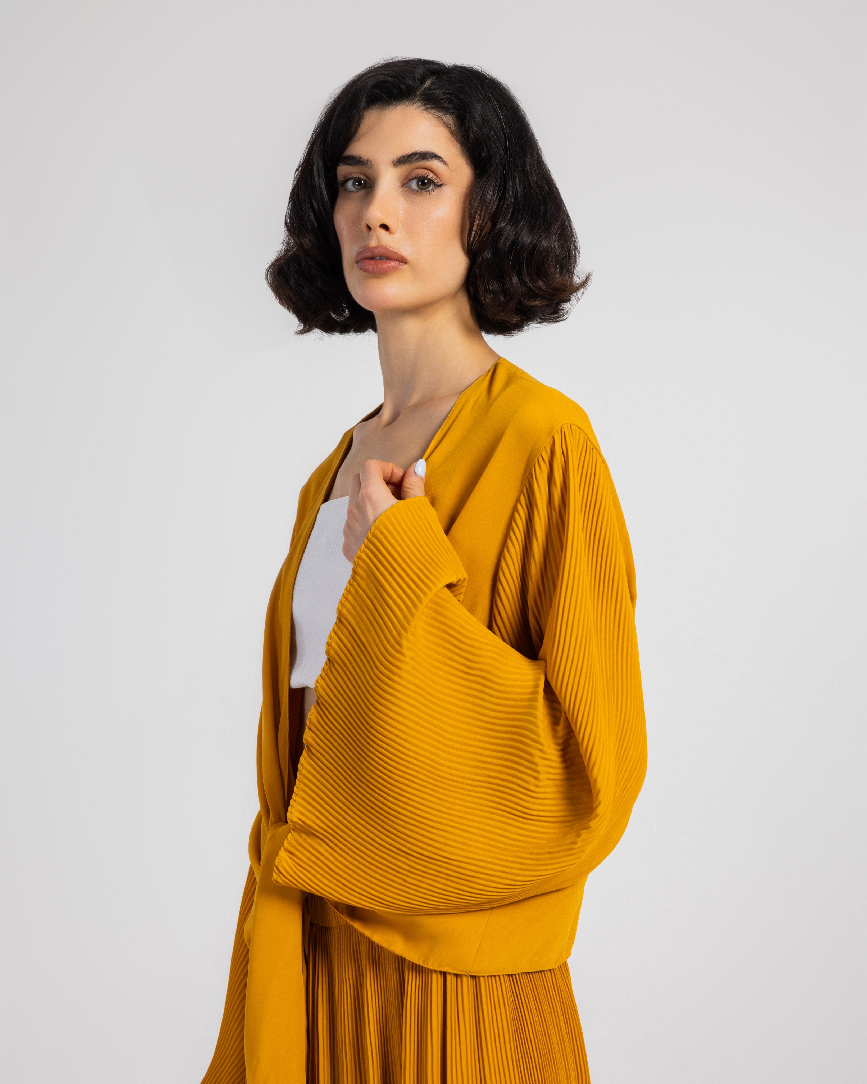 YELLOW PLISSE WRAP BLOUSE