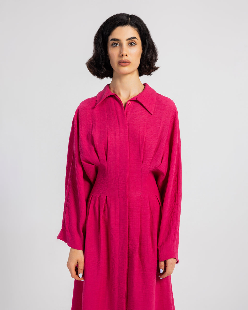 FUCHSIA LINEN DRESS WITH PLEATS