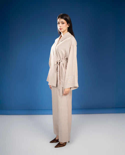 BEIGE LINED LINEN BLOUSE
