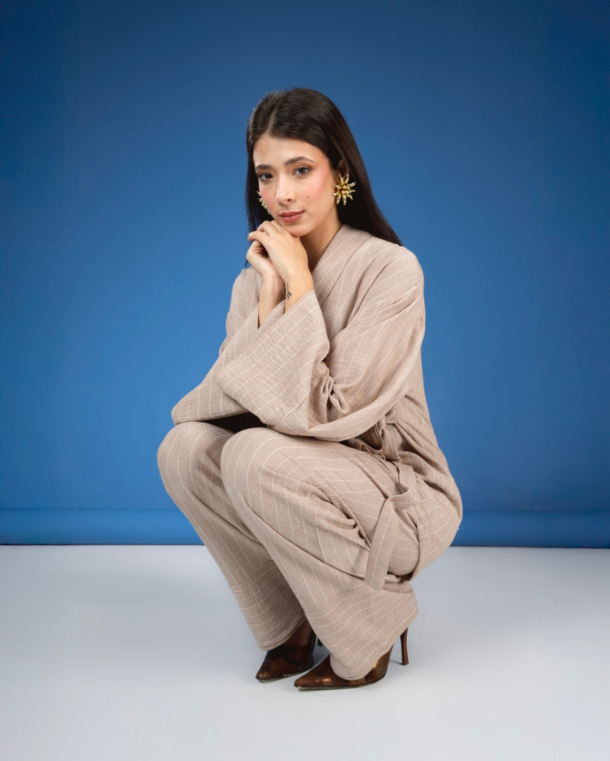 BEIGE LINED LINEN PANTS