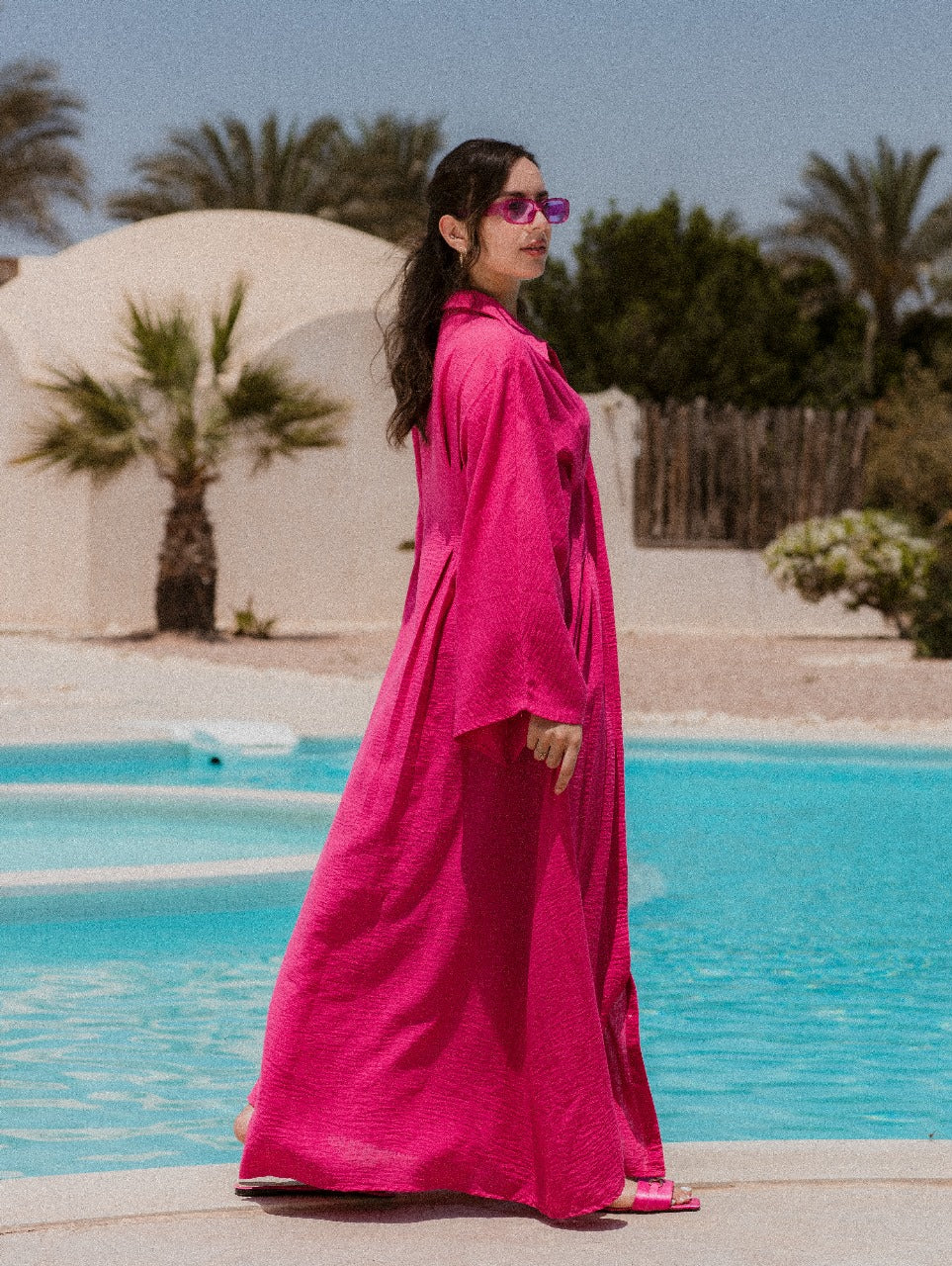 FUCHSIA LINEN DRESS WITH PLEATS