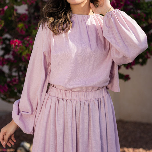 PINK LOOSE LINEN BLOUSE AND SKIRT CO - ORD SET