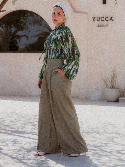 OLIVE LINEN HIGH WAISTED WIDE LEG PANTS