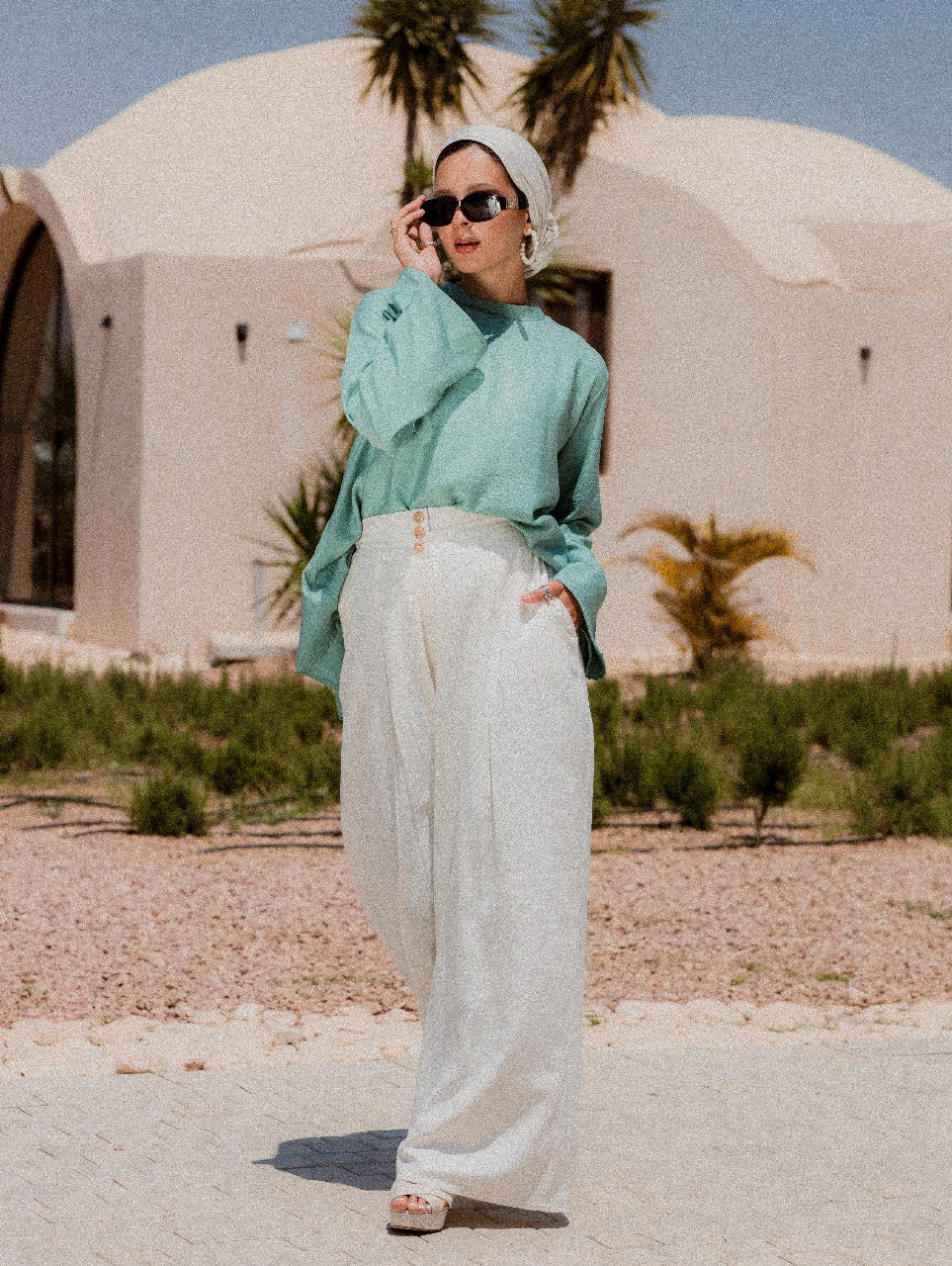 OFF WHITE LINEN HIGH WAISTED WIDE LEG PANTS