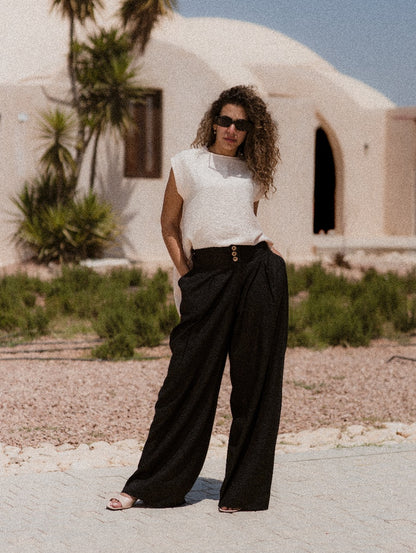 BLACK LINEN HIGH WAISTED WIDE LEG PANTS