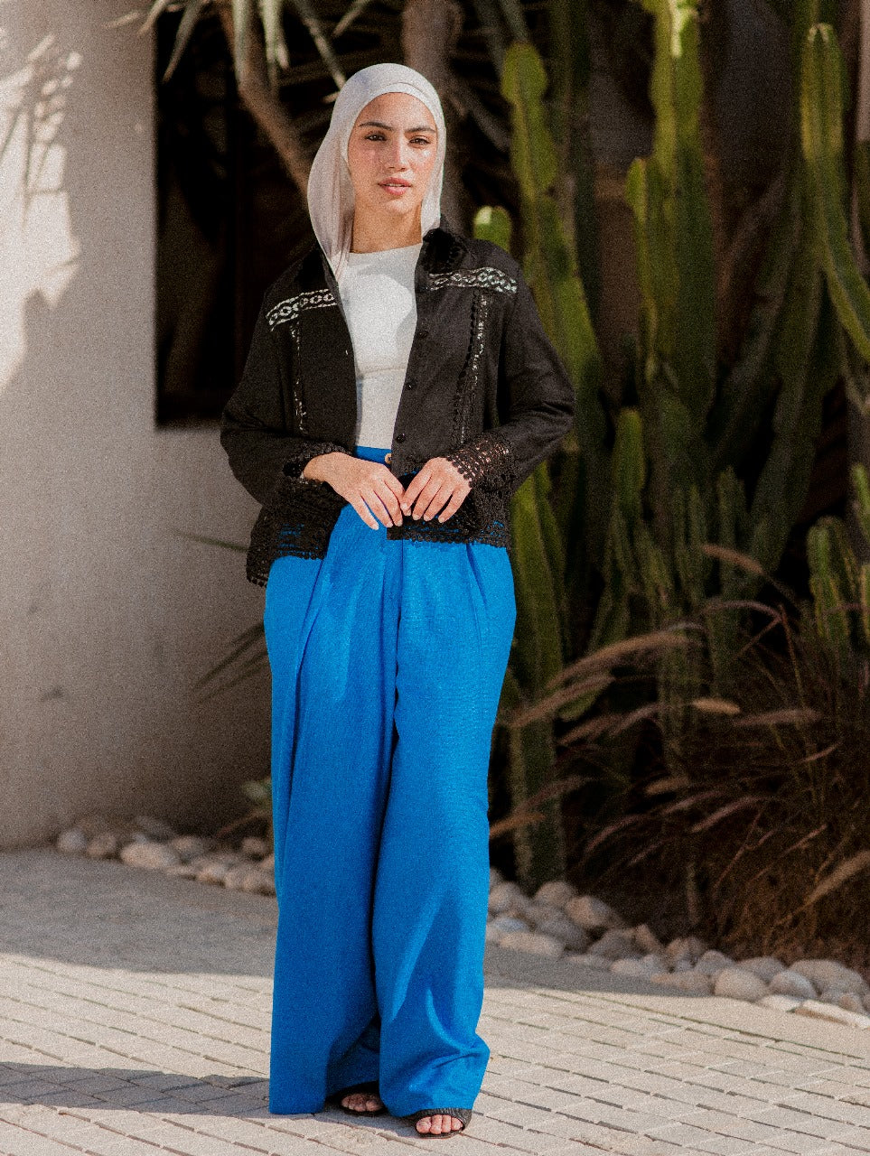 BLUE LINEN HIGH WAISTED WIDE LEG PANTS